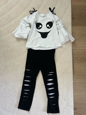 Girls White Ghost Face Top & Black Ripped Leggings Halloween Set
